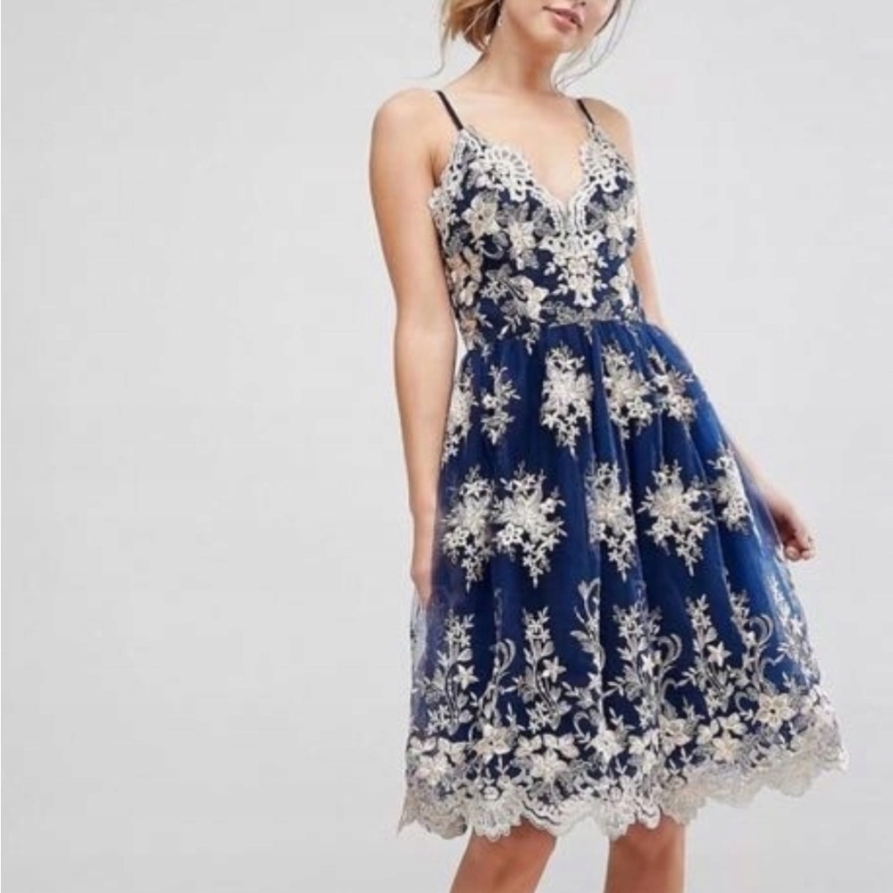 ASOS Chi Chi London Blue and Gold Lace Midi Dress